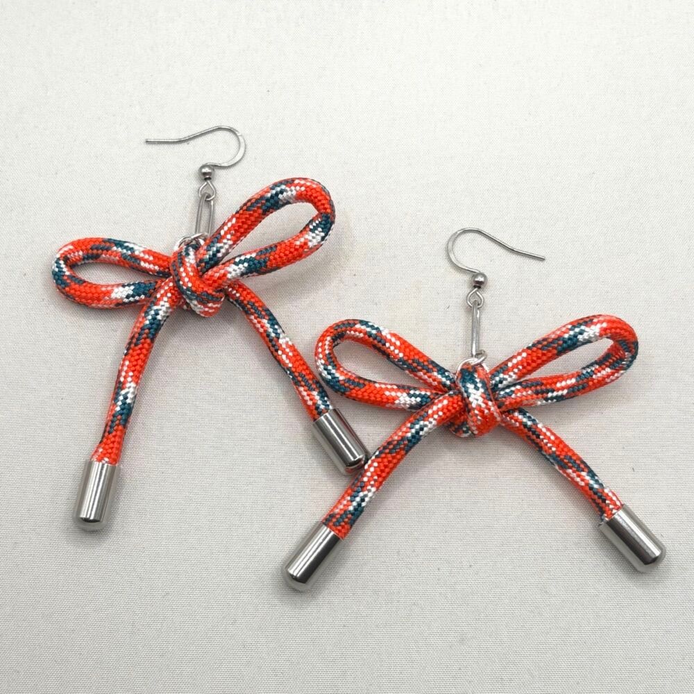 Sara G. Paracord Orange & Blue Bow Earrings